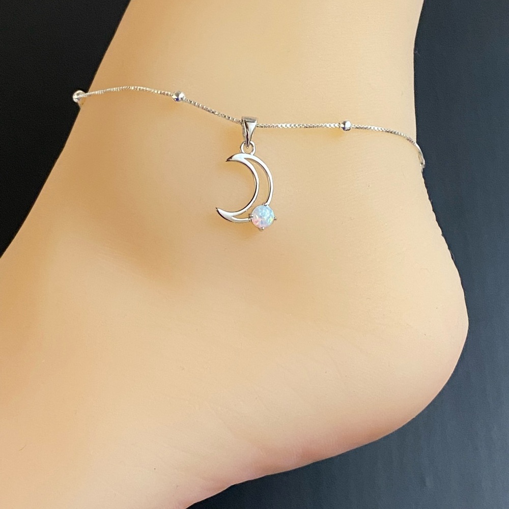 Sterling Silver Opal Moon Anklet